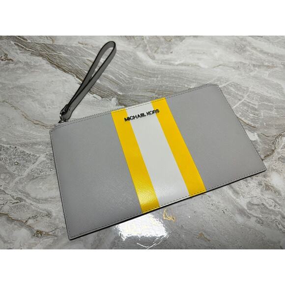 Michael Kors Continental Wristlet Wallet Logo Monogram Grey/Gray,Yellow,White - Picture 1 of 8
